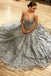 gray v neck tulle lace long prom dress a line long evening gown