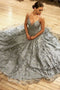 Gray V-neck Tulle Lace Long Prom Dress, A-line Long Evening Gown MP1221