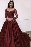 burgundy prom dress long sleeve lace appliques formal dress
