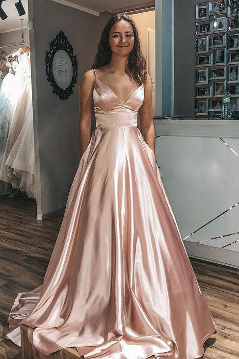 Spaghetti Straps A-line Long Prom Dresses, Simple V-neck Sleeveless Evening Gowns MP84