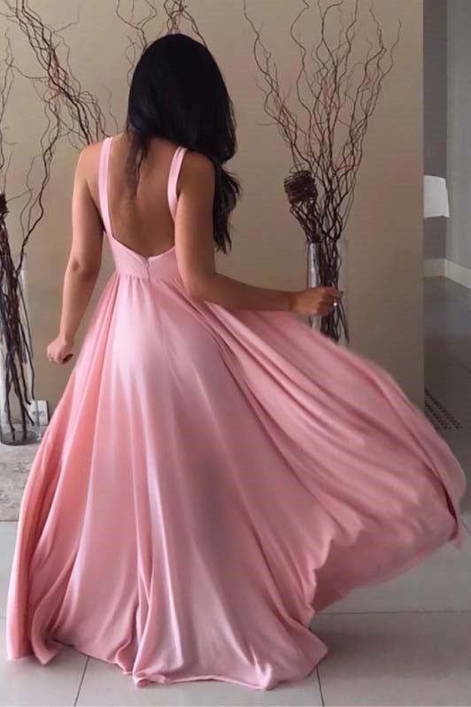 elegant round neck long chiffon sleeveless pink prom dress