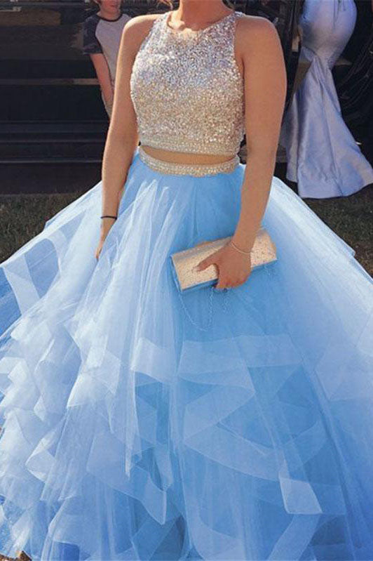 two piece sweet 16 dresses organza ruffles prom dresses with beads crop top