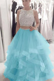 two piece sweet 16 dresses organza ruffles prom dresses with beads crop top