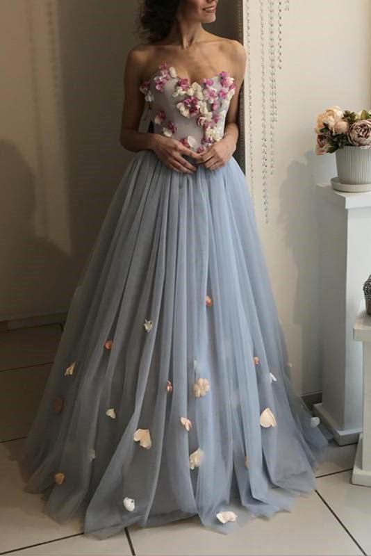 detachable straps sweetheart long prom dress with floral appliques
