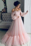 tulle sweetheart a line prom dresses with long sleeves