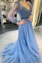A Line Long Sleeves Blue Prom Dress With Open Back, Beading Bodice Evening Gown MP1186