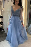 a line long sleeves blue prom dress with open back beading bodice evening gown