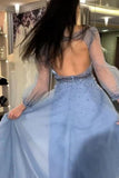 a line long sleeves blue prom dress with open back beading bodice evening gown