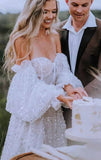 Detachable Sleeves Sweetheart Sequin Tulle Wedding Dresses, Slit Boho Wedding Dress PW537