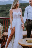 Detachable Sleeves Sweetheart Sequin Tulle Wedding Dresses, Slit Boho Wedding Dress PW537