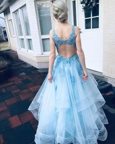 a line tulle sky blue prom dresses open back v neck graduation dress