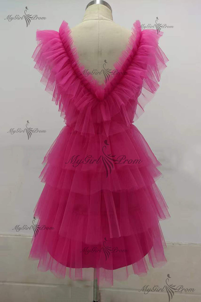 hot pink homecoming dress tiered tulle short prom party dress