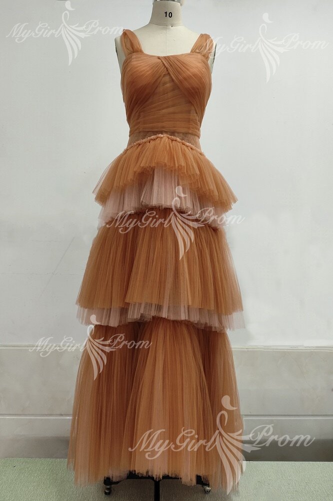 princess off the shoulder brown tulle tiered prom dress long formal gown