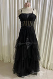 New A-line Layered Tulle Black Prom Dress, Sheer Corset Long Evening Dress GP220
