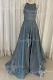 sparkly silver prom dress a line bateau with pockets long pageant dress