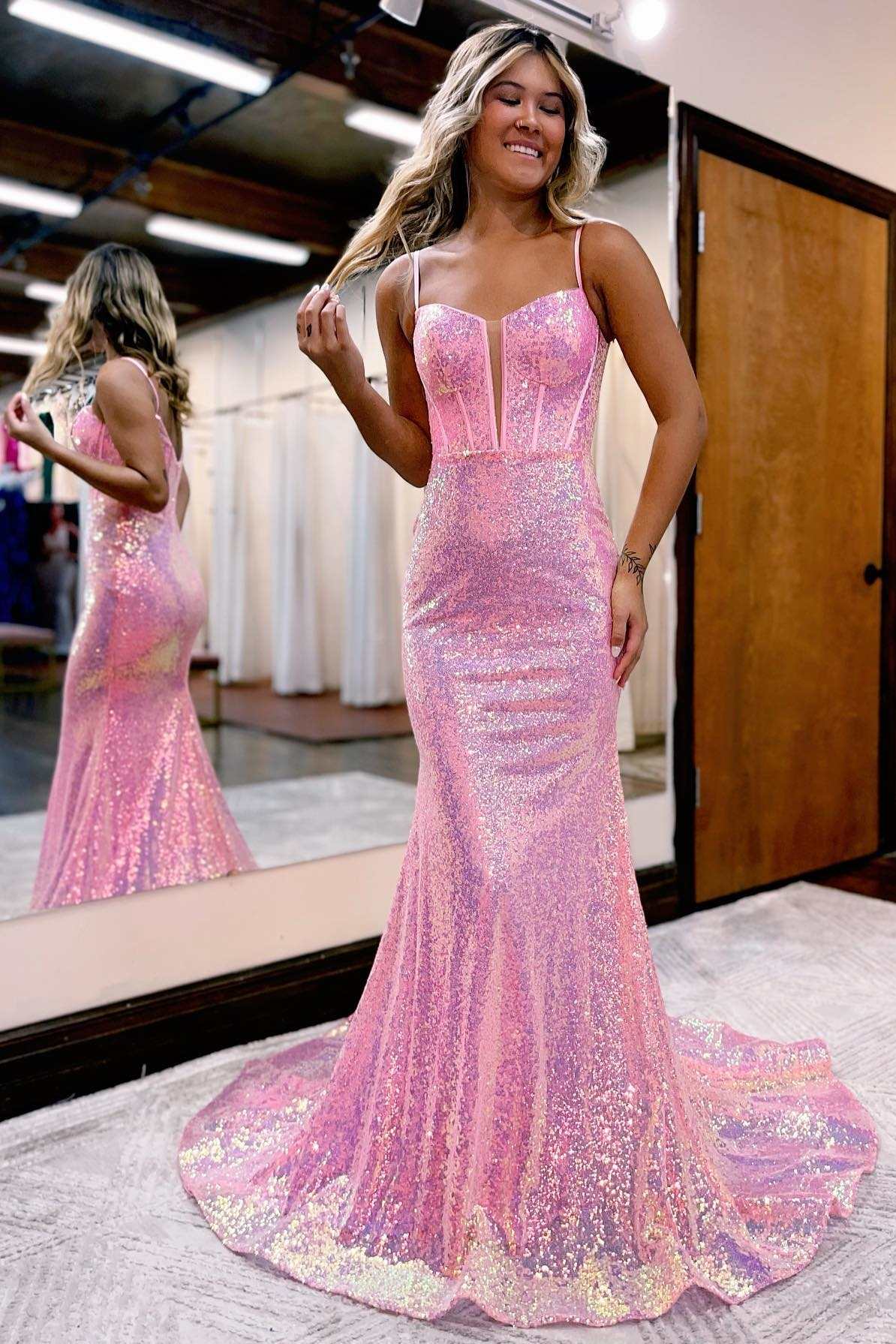Pink Scoop Neck Straps Mermaid Prom Dresses, Long Sleeveless Evening Dresses GP410