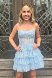 sheer sky blue strapless a line layers beaded homecoming dresses