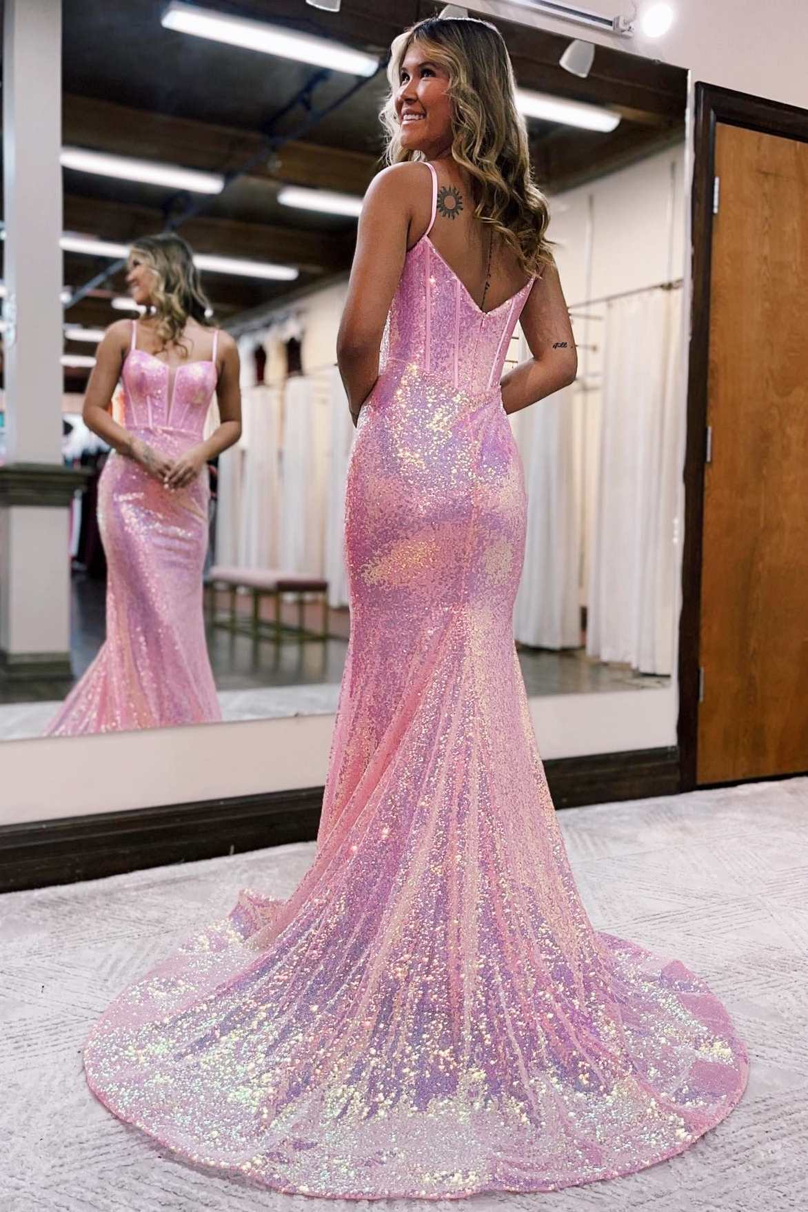 Pink Scoop Neck Straps Mermaid Prom Dresses, Long Sequined Evening Dresses GP410