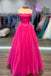 simple hot pink strapless tulle prom dress with pockets long formal gown