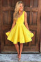 Yellow A-Line V-Neck Knee-Length Satin Homecoming Dress, Simple Short Prom Dress GM269
