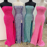 Hot Pink Sequins Sheath Long Prom Dress, Sparkly Strapless Evening Gown GP327
