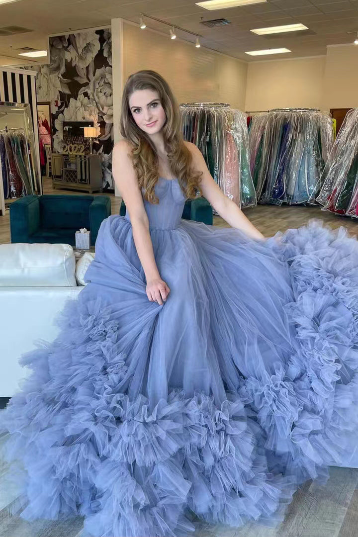 Dusty Blue Tulle Strapless Prom Dresses With Layers, Princess Formal Gown GP368