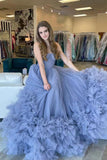 dusty blue tulle strapless prom dresses with layers princess formal gown