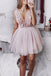 tulle pink homecoming dress applique v neck short prom dress