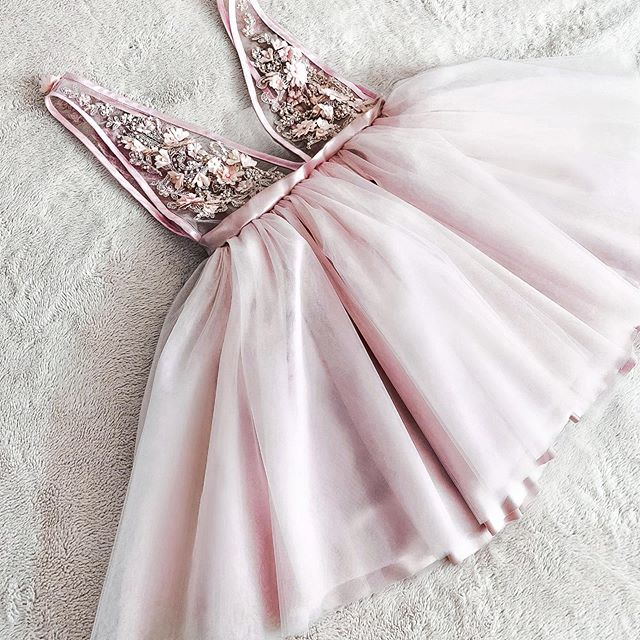 tulle pink homecoming dress applique v neck short prom dress