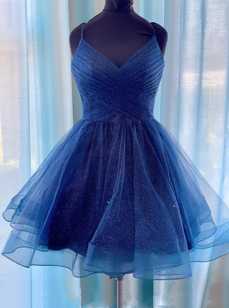 sparkly navy blue homecoming dress v neck short prom dress