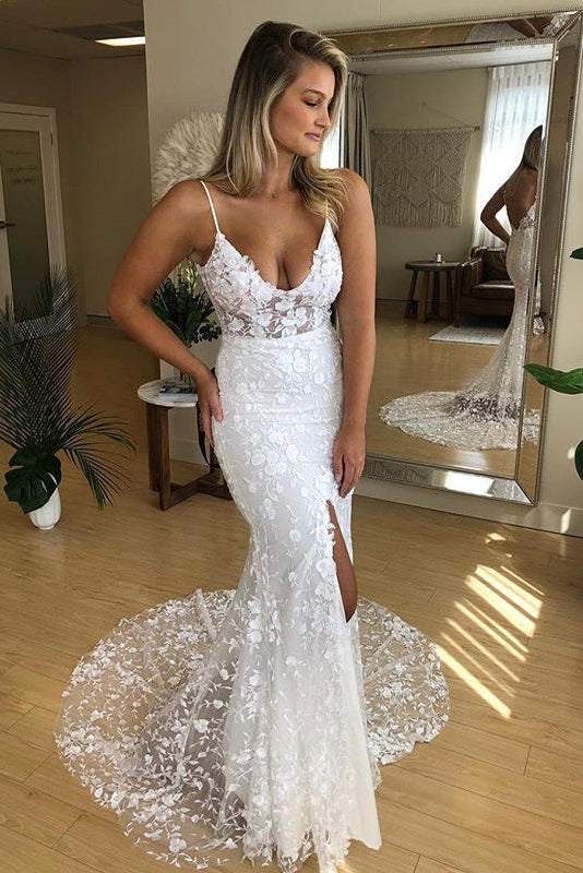 Elegant V Neck Spaghetti Straps Lace Slit Backless Wedding Dresses, Mermaid Bridal Gown PW525