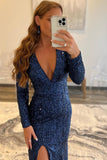 sequin navy blue v neck long sleeve mermaid formal prom dress