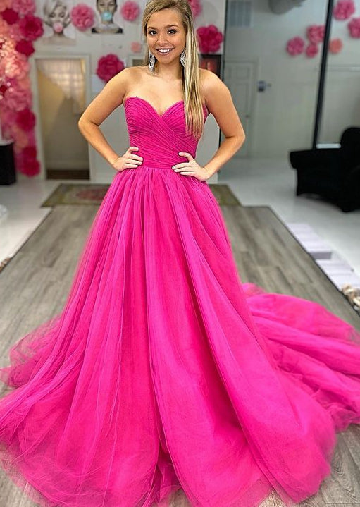 sweetheart hot pink tulle long prom dresses simple formal dresses