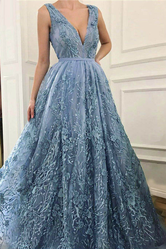 a line v neck appliques beading blue prom dress with sweep train