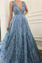 A-Line V-Neck Appliques Beading Blue Prom Dress with Sweep Train MP1216