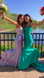 Glitter Mermaid Spaghetti Straps Prom Dress Lace Slit Evening Gowns GP544