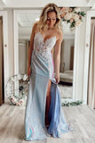 Glitter Mermaid Spaghetti Straps Prom Dress Lace Slit Evening Gowns GP544