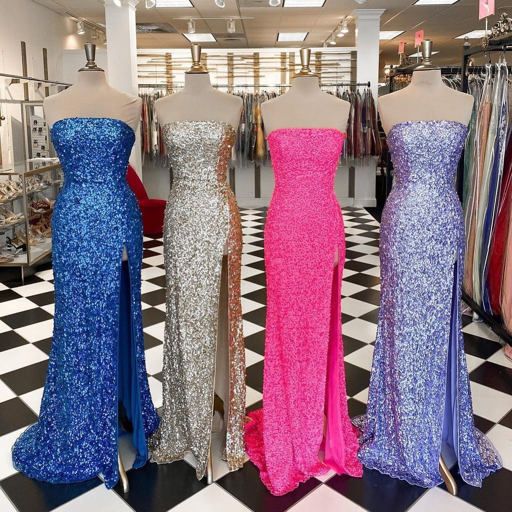 hot pink sequins sheath long prom dress sparkly strapless evening gown