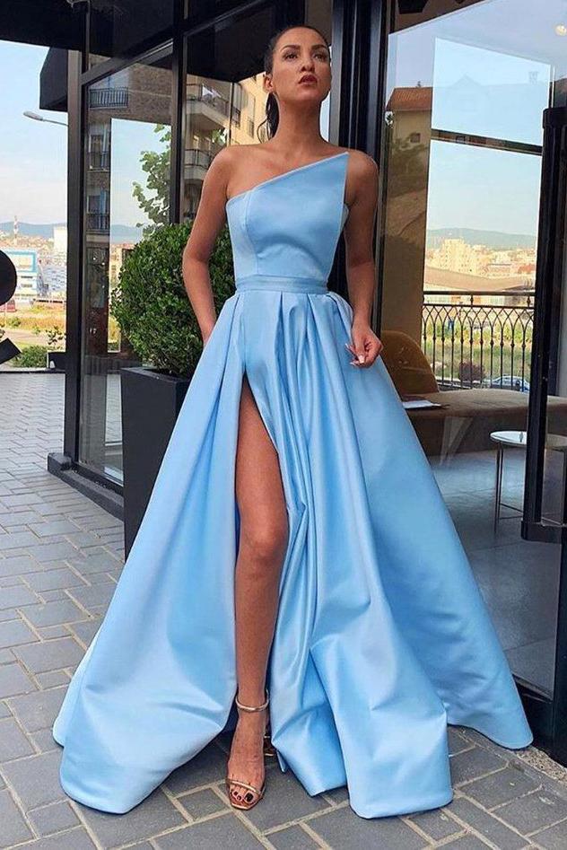 Simple long prom dresses light sky blue evening dress with split mg173