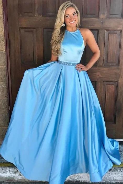 A-line long prom dresses ice blue simple evening dress with beading mg172