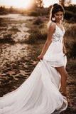 Ivory V Neck Tulle Backless Bridal Dress A Line Wedding Dresses With Lace Applique PW372