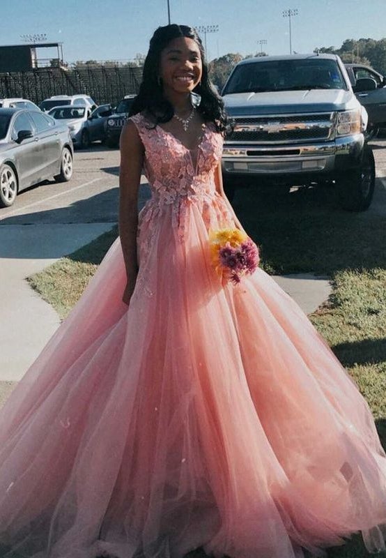 princess pink tulle long prom dresses with appliques long formal dresses