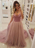 a line v neck beaded waist prom dresses with overlay tulle skirt