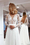 Simple A Line V Neck Ivory Lace Long Sleeves Beach Wedding Dresses PW376