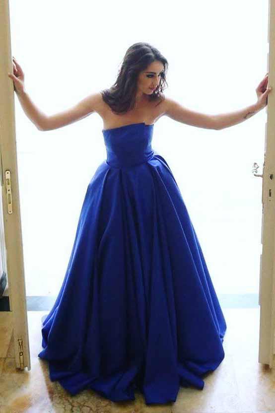 royal blue strapless puffy prom dresses satin elegant formal gown