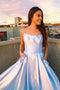 Light Blue Long Prom Dress with Beaded Pockets, Long Formal Graduation Dresses MG08