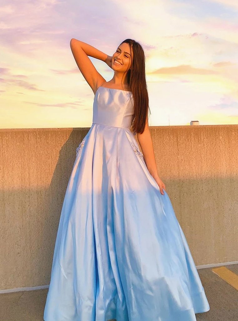 Light blue long prom dress with beaded pockets, long formal graduation dresses mg08