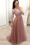 a line v neck dark green long prom dress beading formal dress