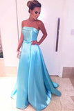 ice blue strapless prom dresses satin long evening dresses with waist bow