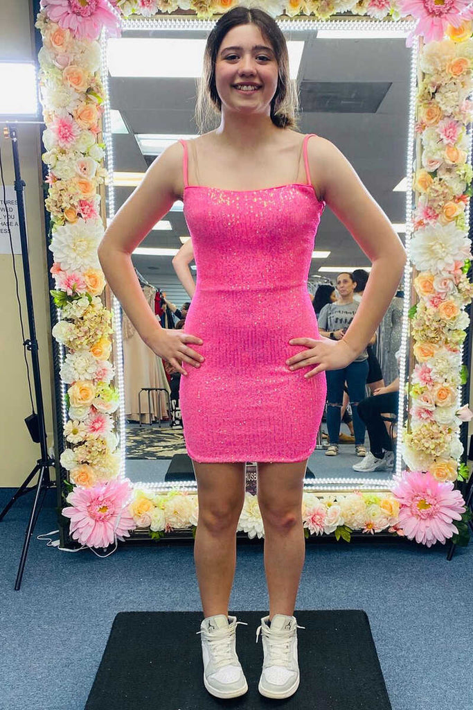 hot pink sequins straps tight homecoming dress bodycon short party dress
